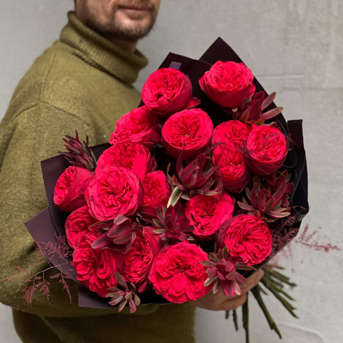 Exquisite bouquet of Red Piano peony roses «Ruby Aroma»