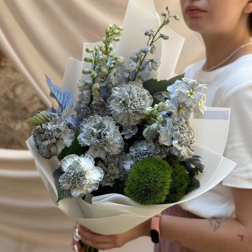 Bouquet with interesting Pastel Black dianthuses and delphiniums «Moon Valley»