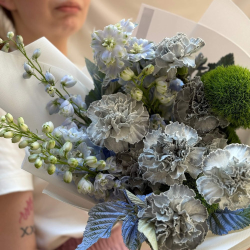 Bouquet with interesting Pastel Black dianthuses and delphiniums «Moon Valley»