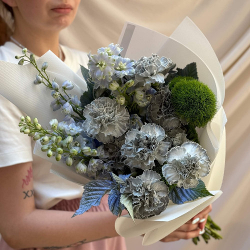 Bouquet with interesting Pastel Black dianthuses and delphiniums «Moon Valley»