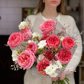 Ruddy bouquet of peony roses and fragrant genista «Enjoying the Aroma»