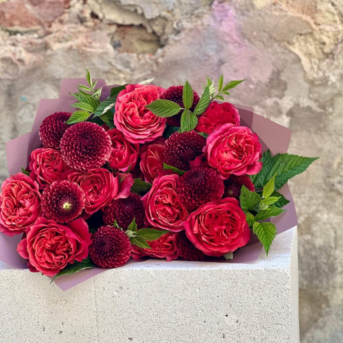 Червоний букет з жоржинами «Пристрасна симфонія»