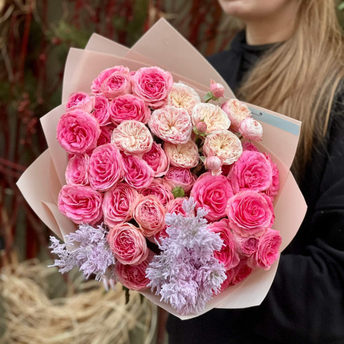 Bright bouquet with a mix of spray peony roses «Colorful Meadow»