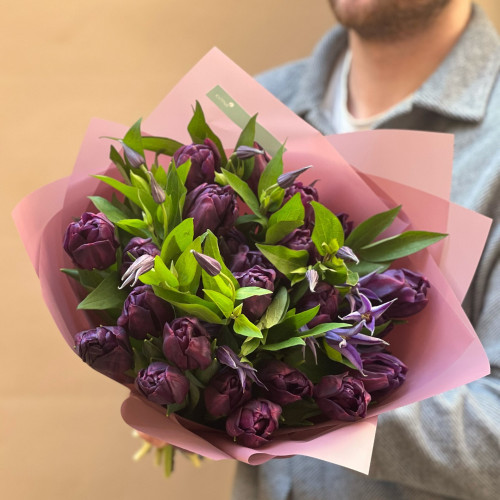 Mysterious purple duo bouquet of tulips and clematis «Dark night»