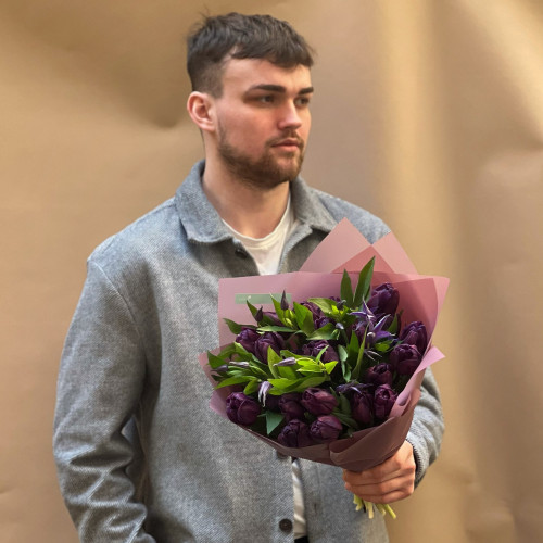 Mysterious purple duo bouquet of tulips and clematis «Dark night»