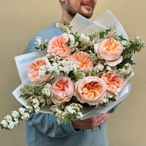 Delicate bouquet with Juliet peony roses «Peach souffle»