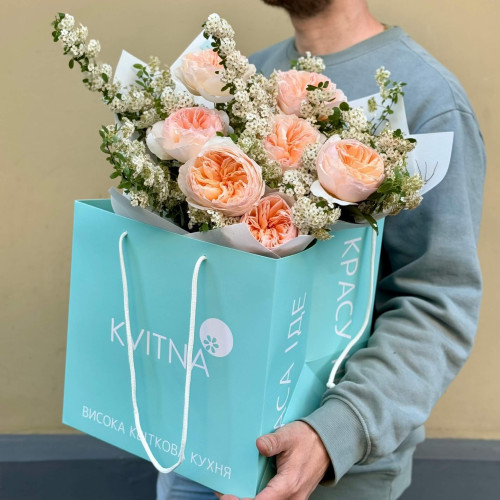 Delicate bouquet with Juliet peony roses «Peach souffle»
