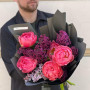5 Coral Charm peonies with fragrant lilacs in a bouquet «Luxurious Spring»