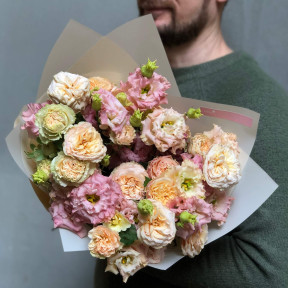 Lacy bouquet of spray peony roses and eustomas «Warm Dawn»