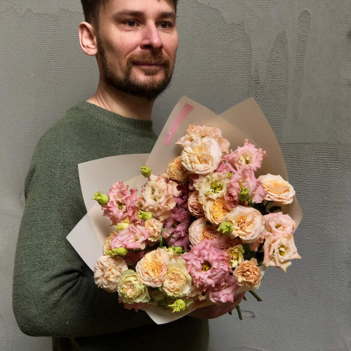 Lacy bouquet of spray peony roses and eustomas «Warm Dawn»
