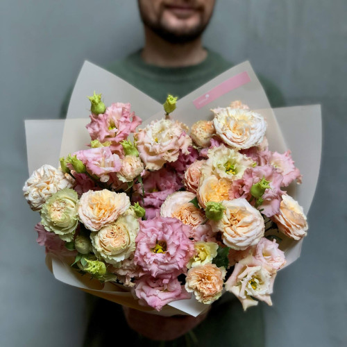 Lacy bouquet of spray peony roses and eustomas «Warm Dawn»