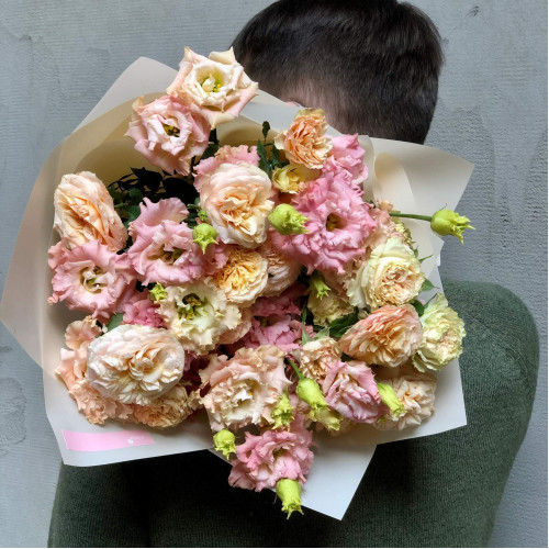 Lacy bouquet of spray peony roses and eustomas «Warm Dawn»