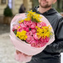 Bright bouquet of Silva Pink spray peony roses and mimosa «Spring cocktail»