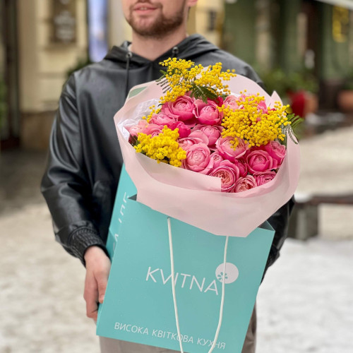 Bright bouquet of Silva Pink spray peony roses and mimosa «Spring cocktail»
