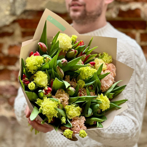 Spring bouquet of eustoma and peony-shaped tulips «Juicy beads»