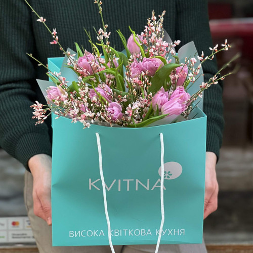 Bouquet of peony rulips and pink genista «Spring compliment»