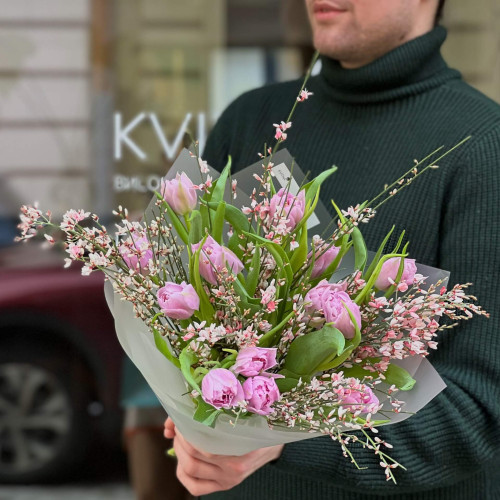 Bouquet of peony rulips and pink genista «Spring compliment»