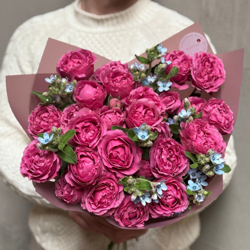 Яскрава кущова піоновидна троянда Misty Bubbles та оксіпеталум у букеті «Малинові хмаринки»