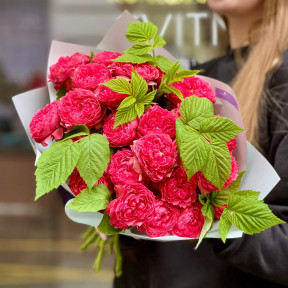 5 гілочок кущової піоновидної троянди у букеті «Малиновий сад»