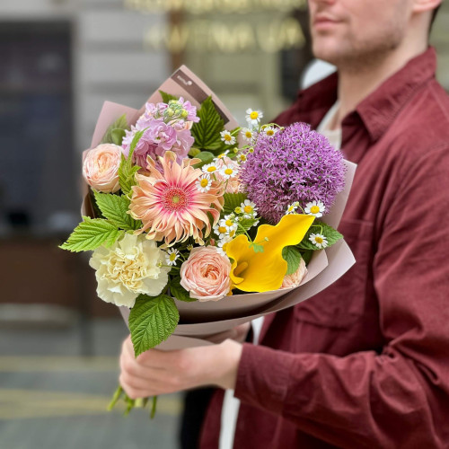 Colorful bouquet with gerberas and allium «Spring Marzipan»