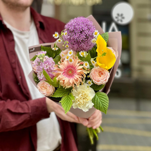 Colorful bouquet with gerberas and allium «Spring Marzipan»