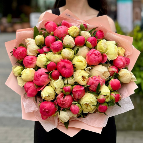 53 розкішні півонії у букеті «Лимонна карамель»