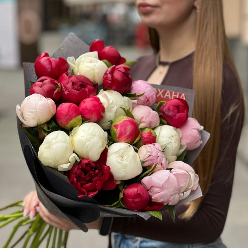 25 colorful peonies in a bouquet «Berry Cocktail»