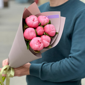7 pink peonies of Etched Salmon variety in a bouquet «Coral Gift»