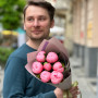 7 pink peonies of Etched Salmon variety in a bouquet «Coral Gift»