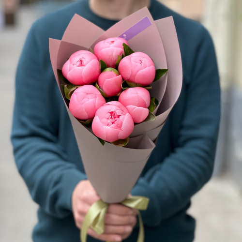 7 pink peonies of Etched Salmon variety in a bouquet «Coral Gift»