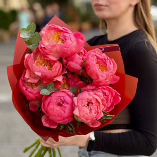 9 Coral Charm peonies with eucalyptus in a bouquet «Sweet Pellets»