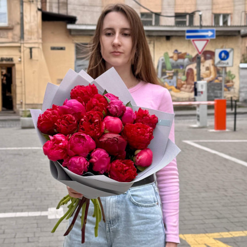 19 bright rich peonies in a bouquet «Cherry Juice»