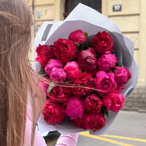 19 bright rich peonies in a bouquet «Cherry Juice»