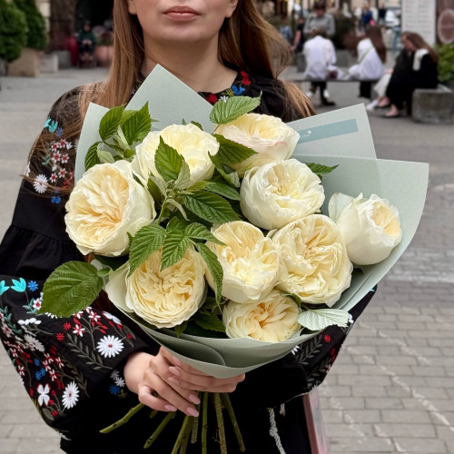 9 ніжних півонієвидних троянд Aurora Gardens у букеті «Ранкова хмаринка»