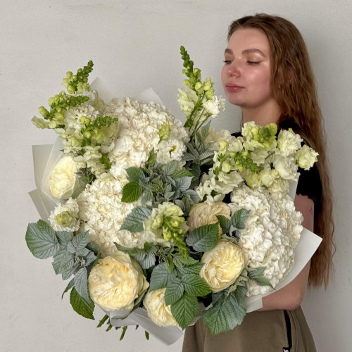 Light exquisite bouquet with hydrangea and peony roses «Angel's Call»