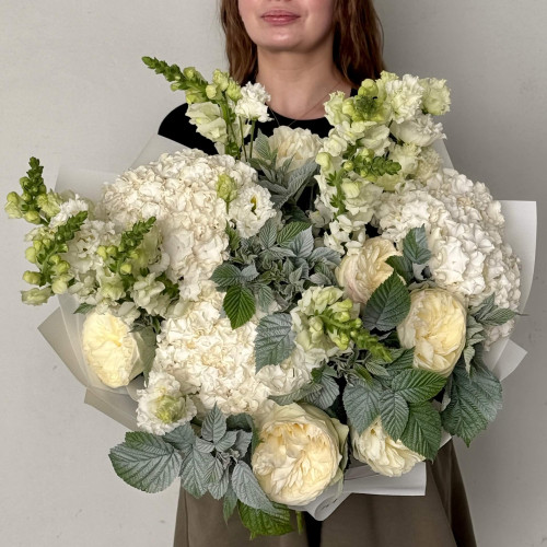 Light exquisite bouquet with hydrangea and peony roses «Angel's Call»