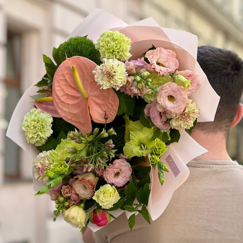 Exquisite bouquet with anthuriums «Peach Shine»