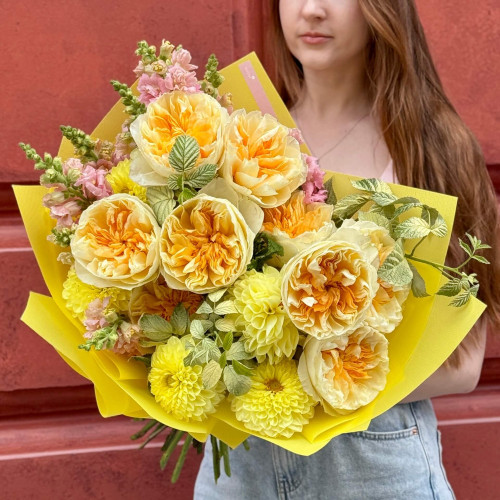Bright cheerful bouquet with Antonia peony-shaped roses «You are the Sun»