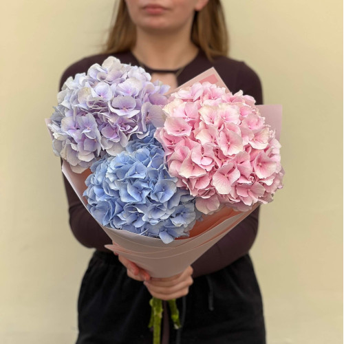 3 нежные гортензии в букете «Пастельные краски»