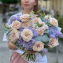 Fluffy pastel bouquet with Mokarosa roses «Evening Promenade»