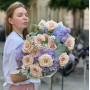 Fluffy pastel bouquet with Mokarosa roses «Evening Promenade»