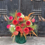 Autumn composition in a box with dahlias in rich shades «Viburnum Tango»