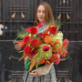 Autumn composition in a box with dahlias in rich shades «Viburnum Tango»