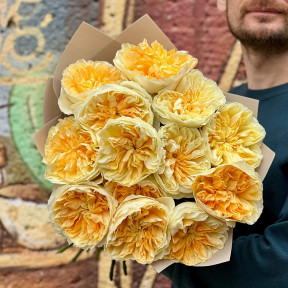 13 розкішних півонієвидних троянд Antonia Garden у букеті «Сонячні дзвони»