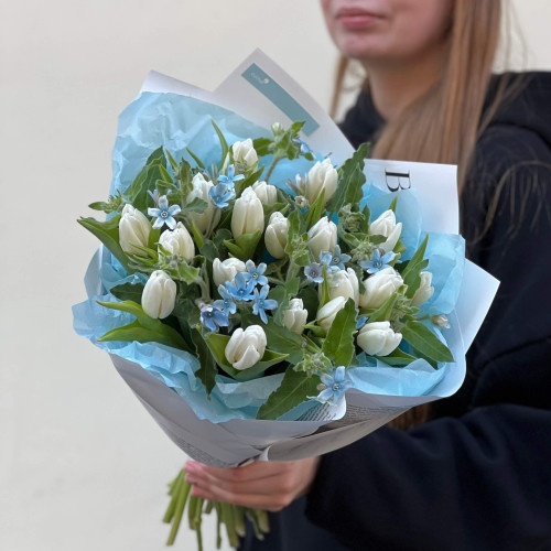 19 білосніжних тюльпанів і оксіпеталум у букеті «Лазуритові сніжинки»