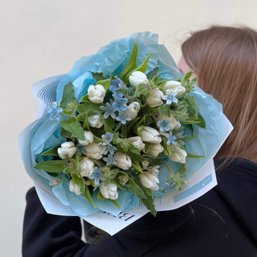 19 білосніжних тюльпанів і оксіпеталум у букеті «Лазуритові сніжинки»