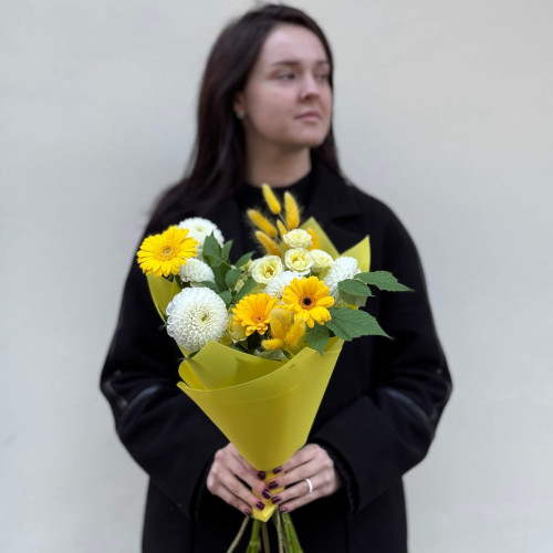 Букет з герберами та жоржинами «Яскраве сонечко»