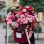 Exquisite pink and burgundy flower composition in a box «Cherry Orchard»