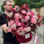 Exquisite pink and burgundy flower composition in a box «Cherry Orchard»