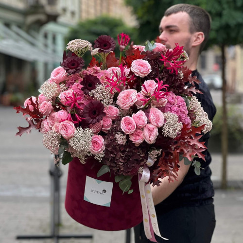 Exquisite pink and burgundy flower composition in a box «Cherry Orchard»